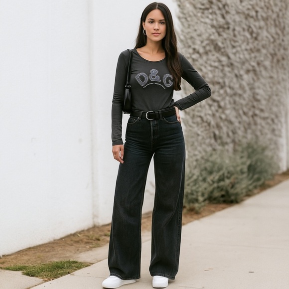 Dolce & Gabbana Tops - Dolce & Gabbana D&G Vintage Logo Crystals Top Long Sleeve T Stretch Crew 90s Y2K